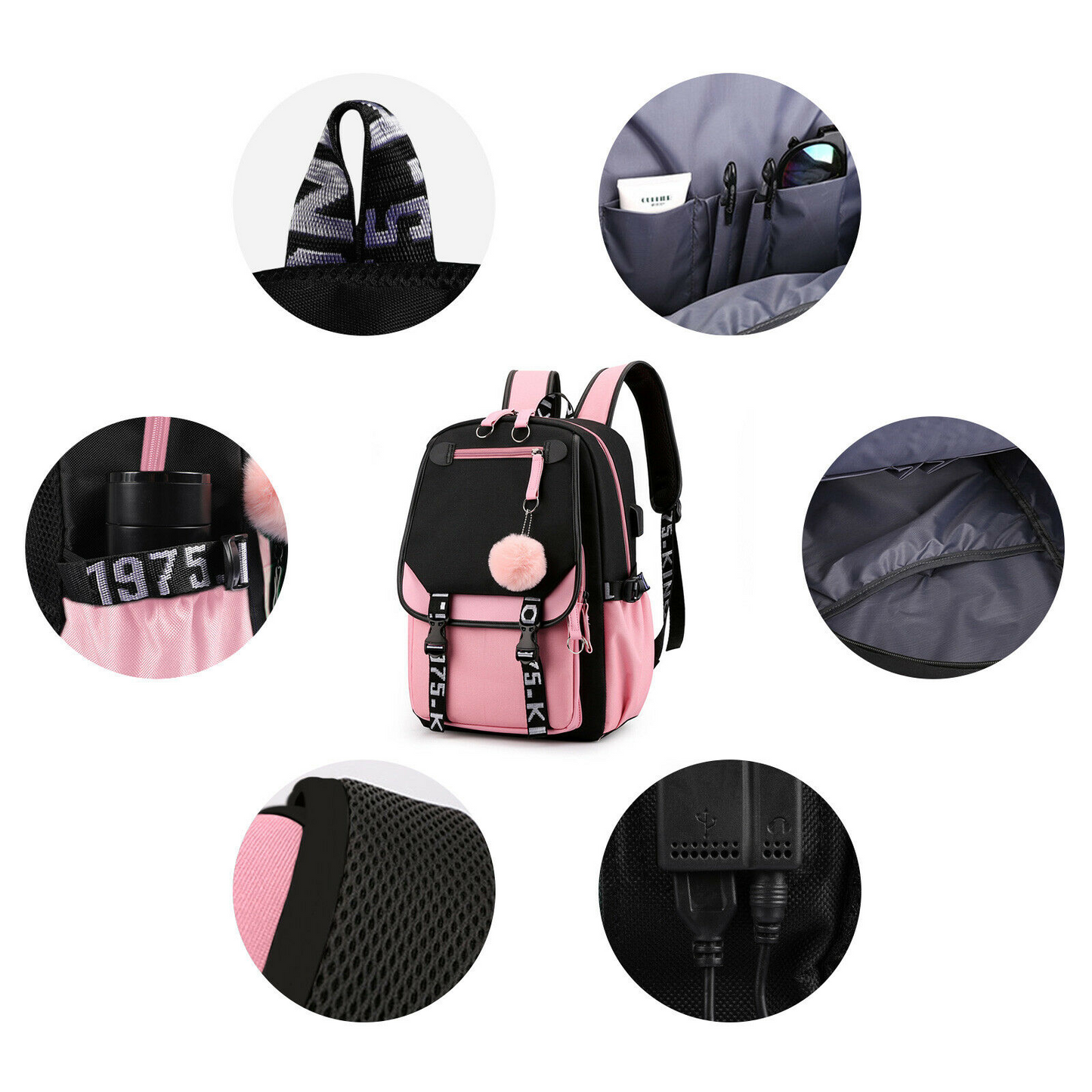 Women School Bag Oxford Waterproof Girls Backpack Rucksack w/ USB Charging Port