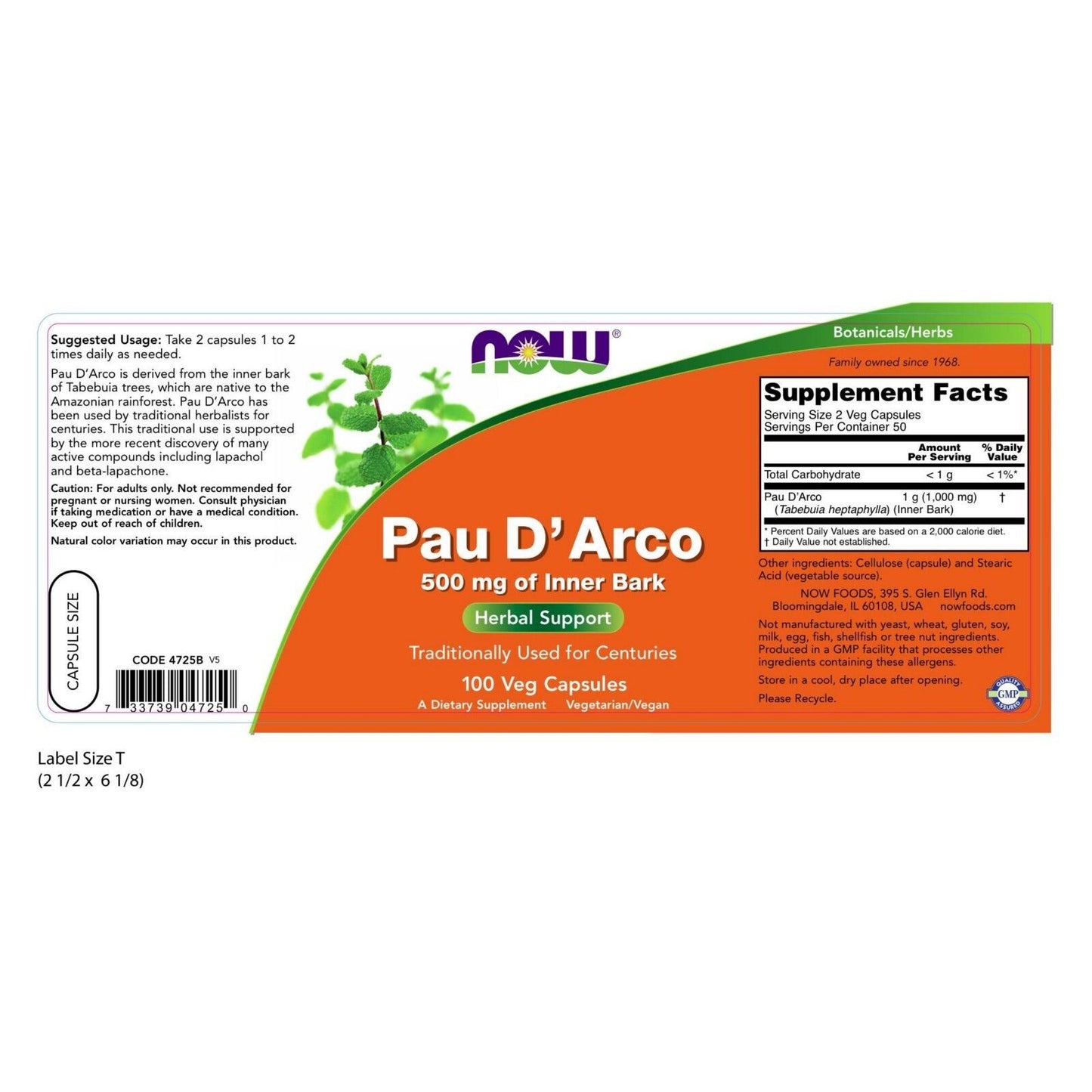 NOW Foods Pau D'Arco, 500 mg, 100 Veg Capsules