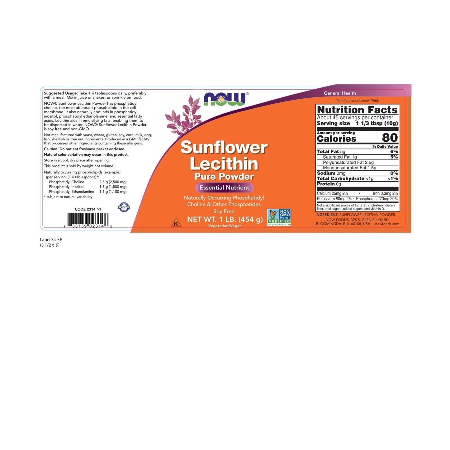 NOW Foods Sunflower Lecithin Pure Powder, 1 lb.