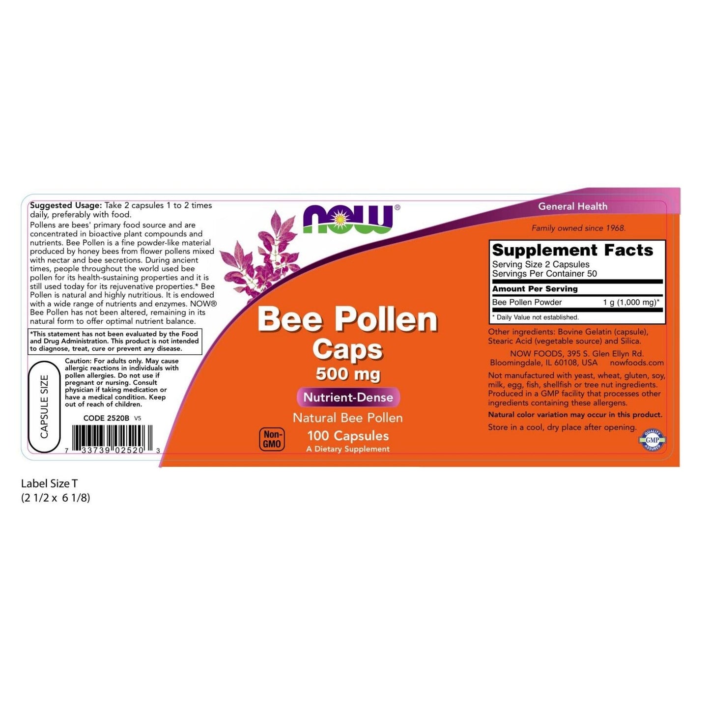 NOW Foods Bee Pollen, 500 mg, 100 Capsules