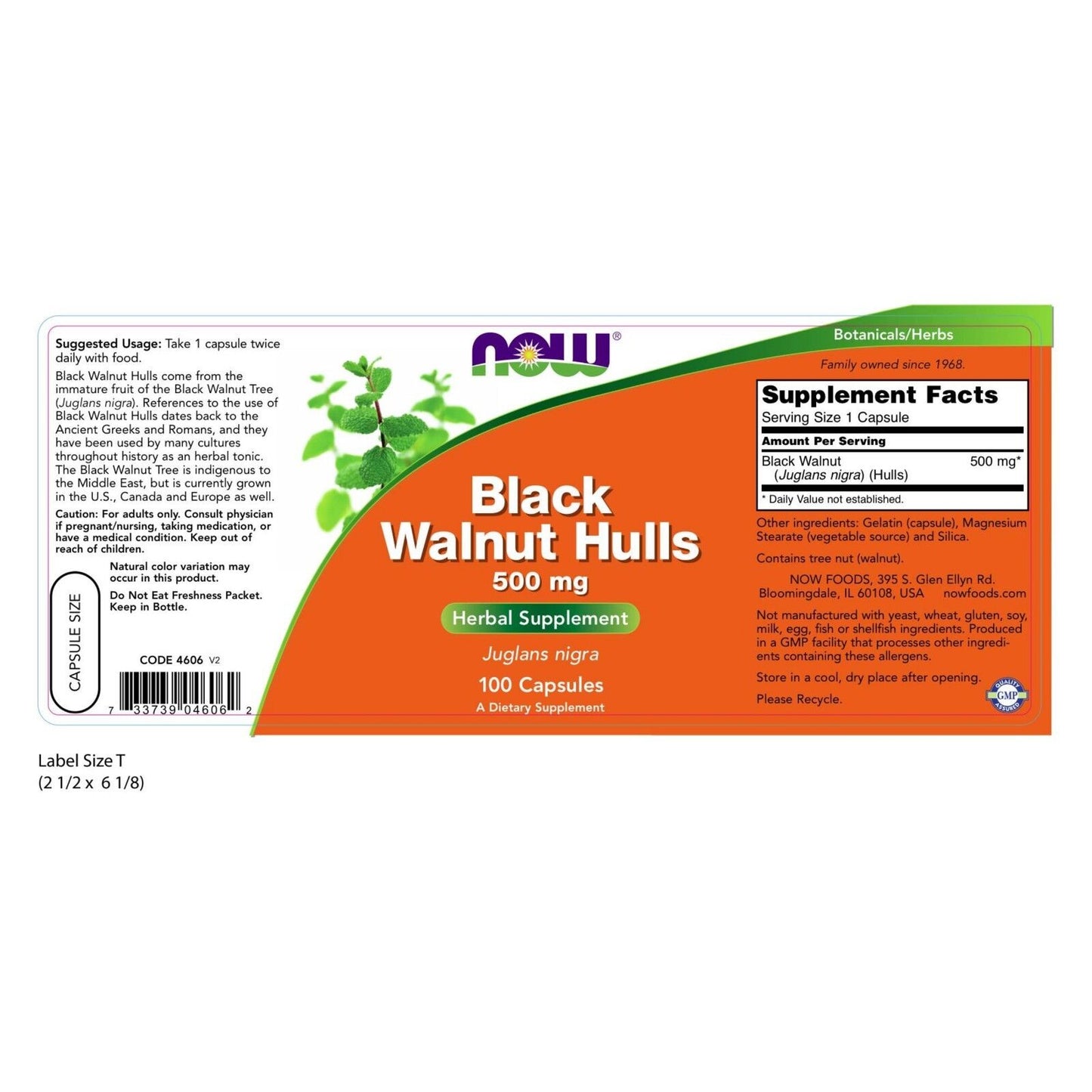 NOW Foods Black Walnut Hulls, 500 mg, 100 Capsules