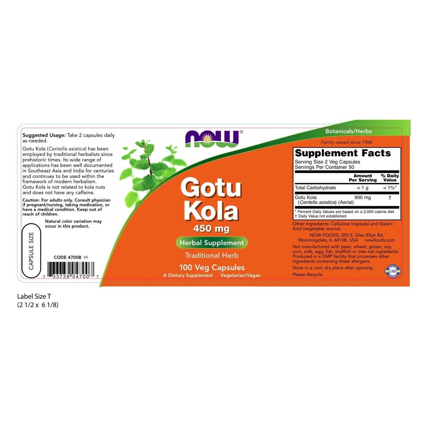 NOW Foods Gotu Kola, 450 mg, 100 Veg Capsules