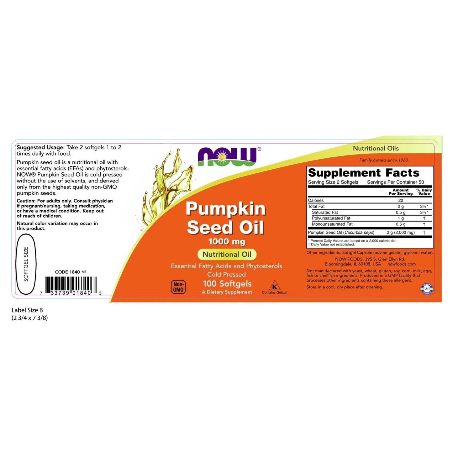 NOW Foods Pumpkin Seed Oil, 1000 mg, 100 Soft gels