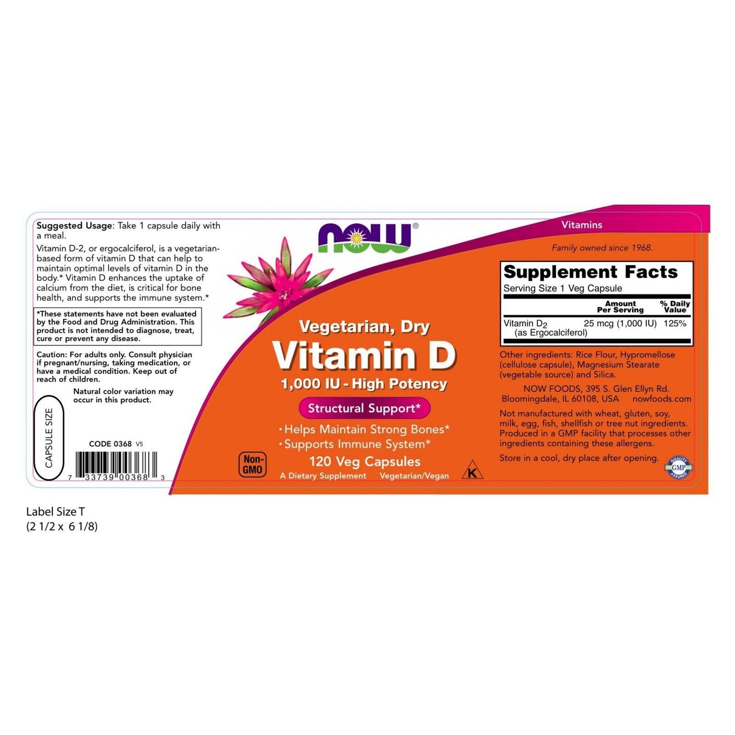 NOW Foods Vitamin D, 1000 IU, 120 Dry Veg Capsules