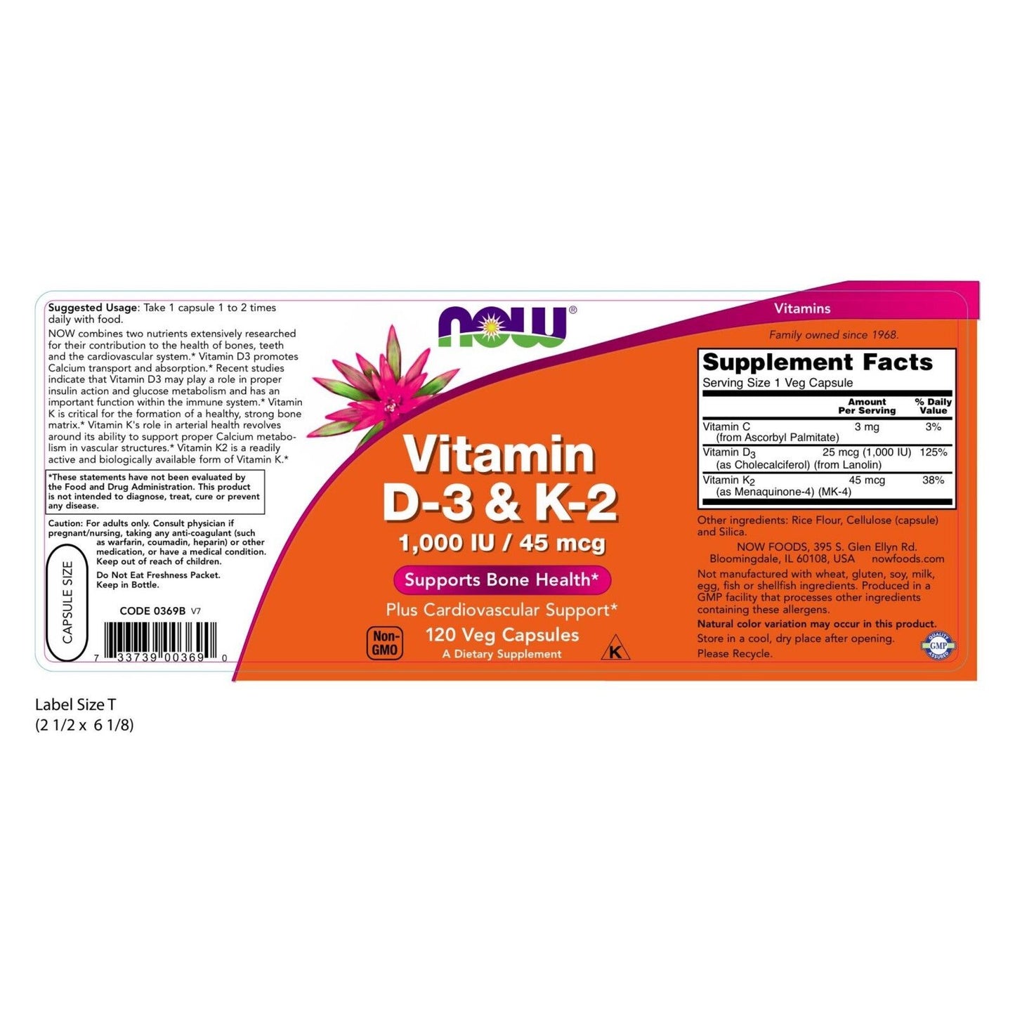 NOW Foods Vitamin D-3 & K-2, 120 Veg Capsules