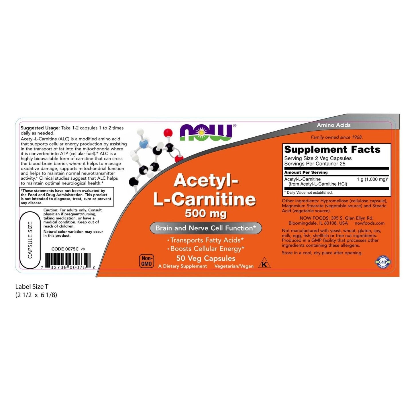 NOW Foods Acetyl-L-Carnitine, 500 mg, 50 Veg Capsules