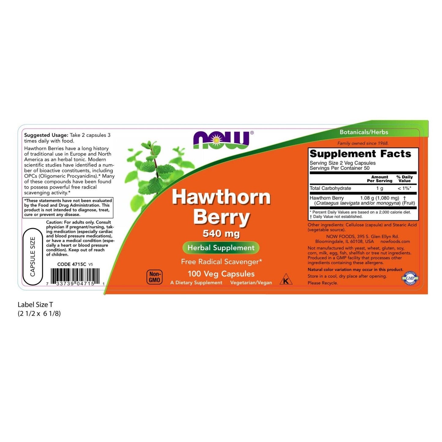 NOW Foods Hawthorn Berry 540 mg, 100 Veg Capsules