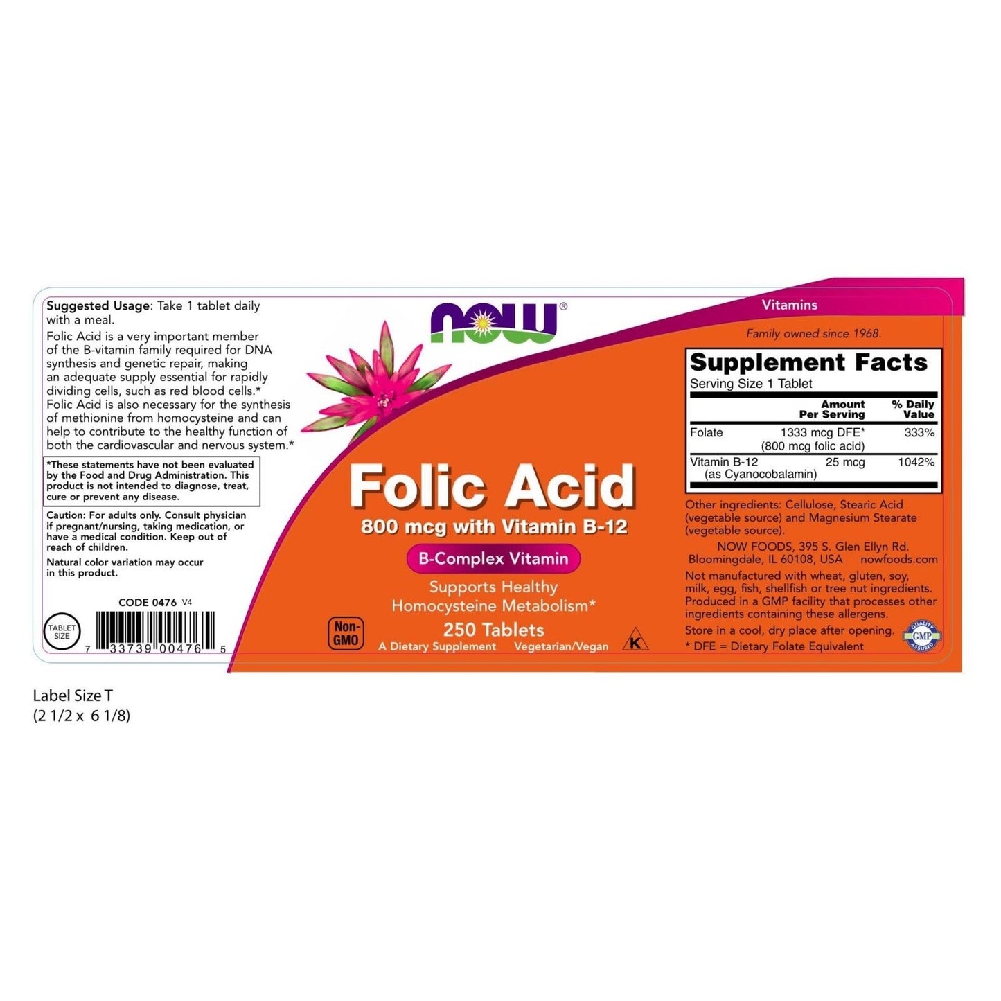 NOW Foods Folic Acid, 800 mcg with Vitamin B-12, 250 Tablets