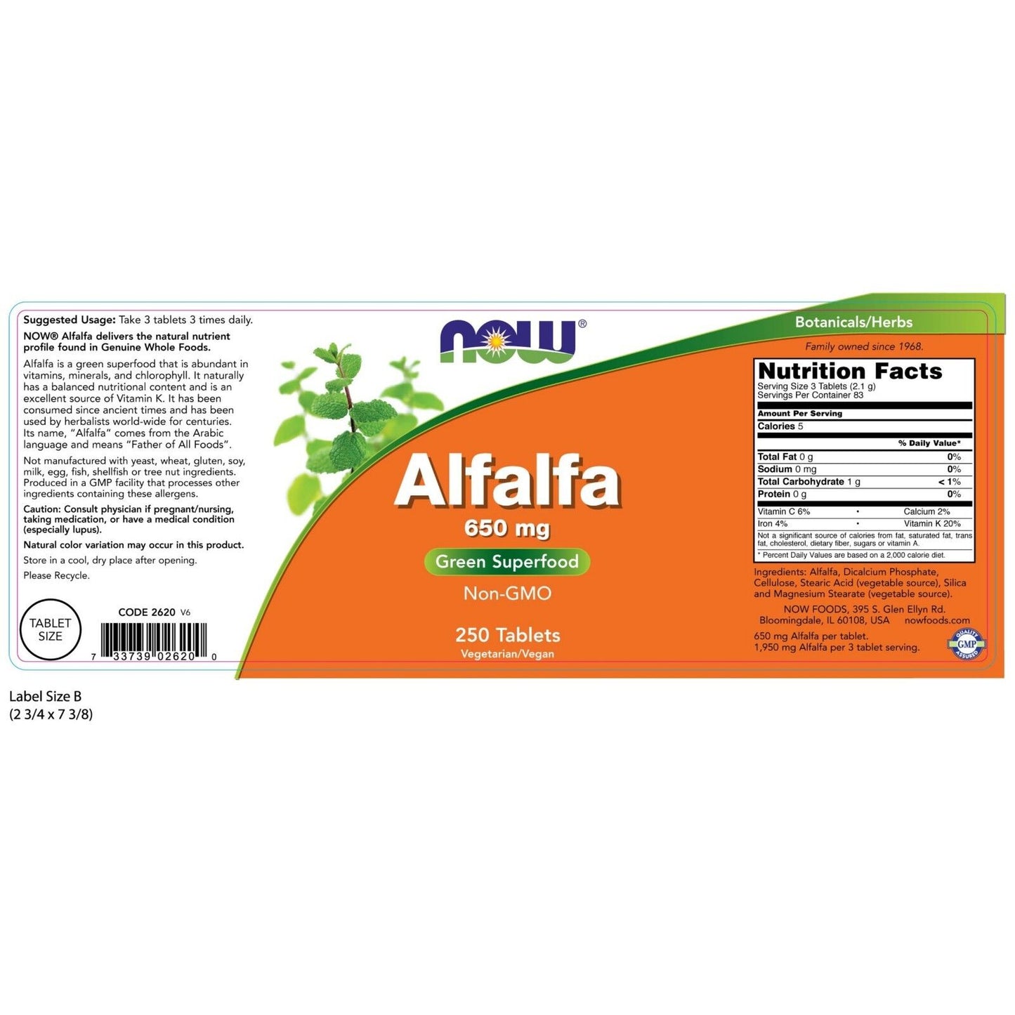 NOW Foods Alfalfa, 650 mg, 250 Tablets