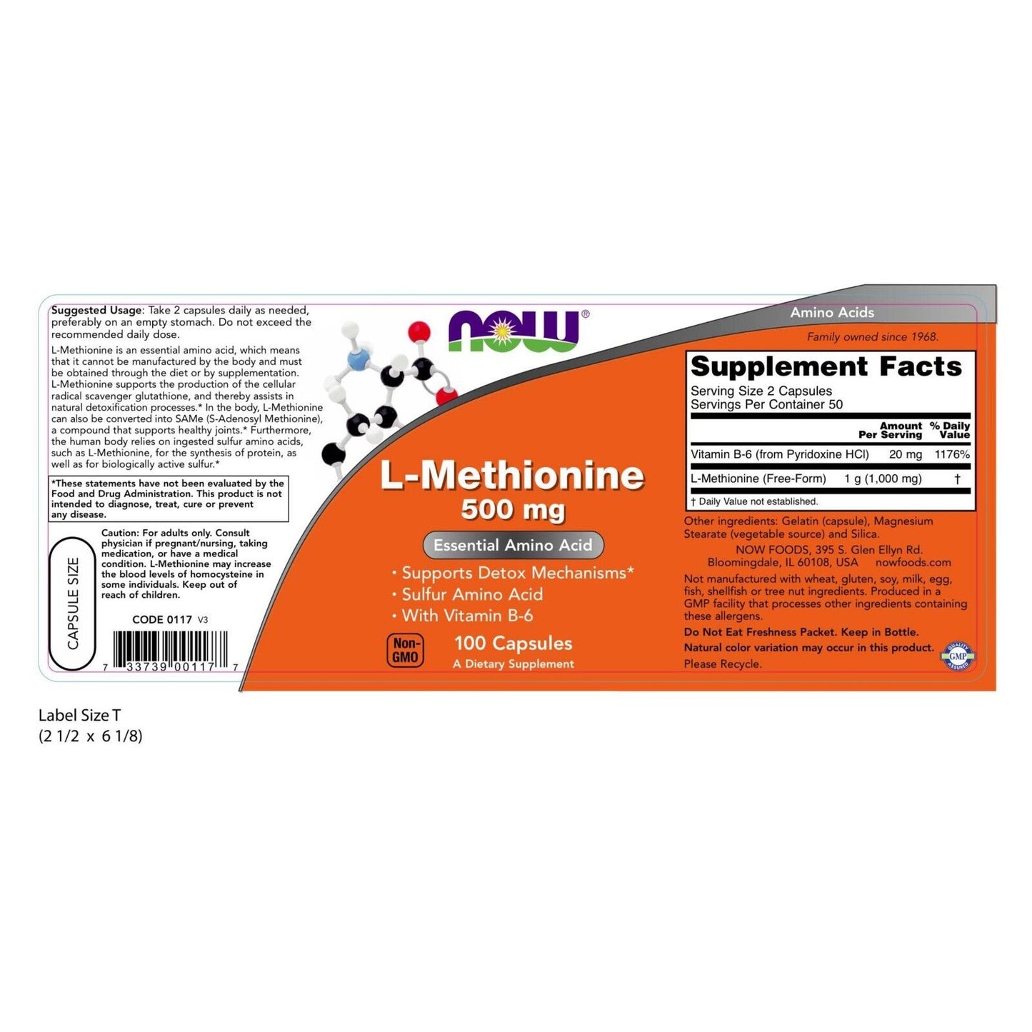 NOW Foods L-Methionine, 500 mg, 100 Capsules