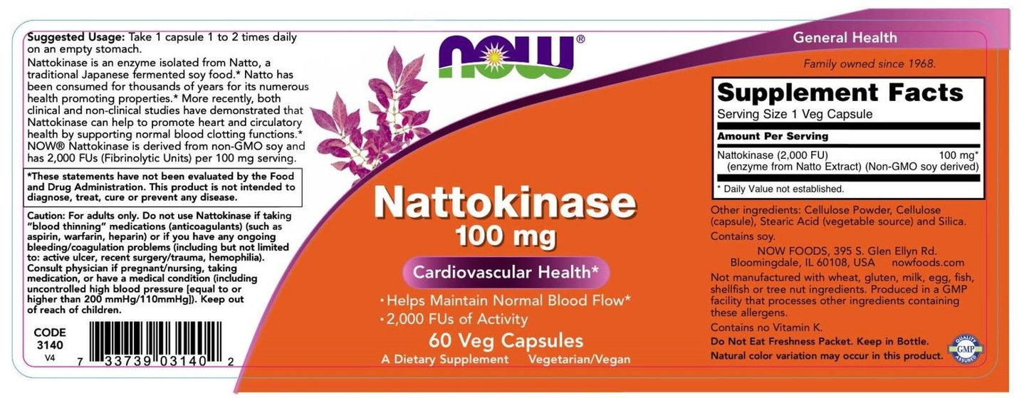 NOW Foods Nattokinase, 100 mg, 60 Veg Capsules