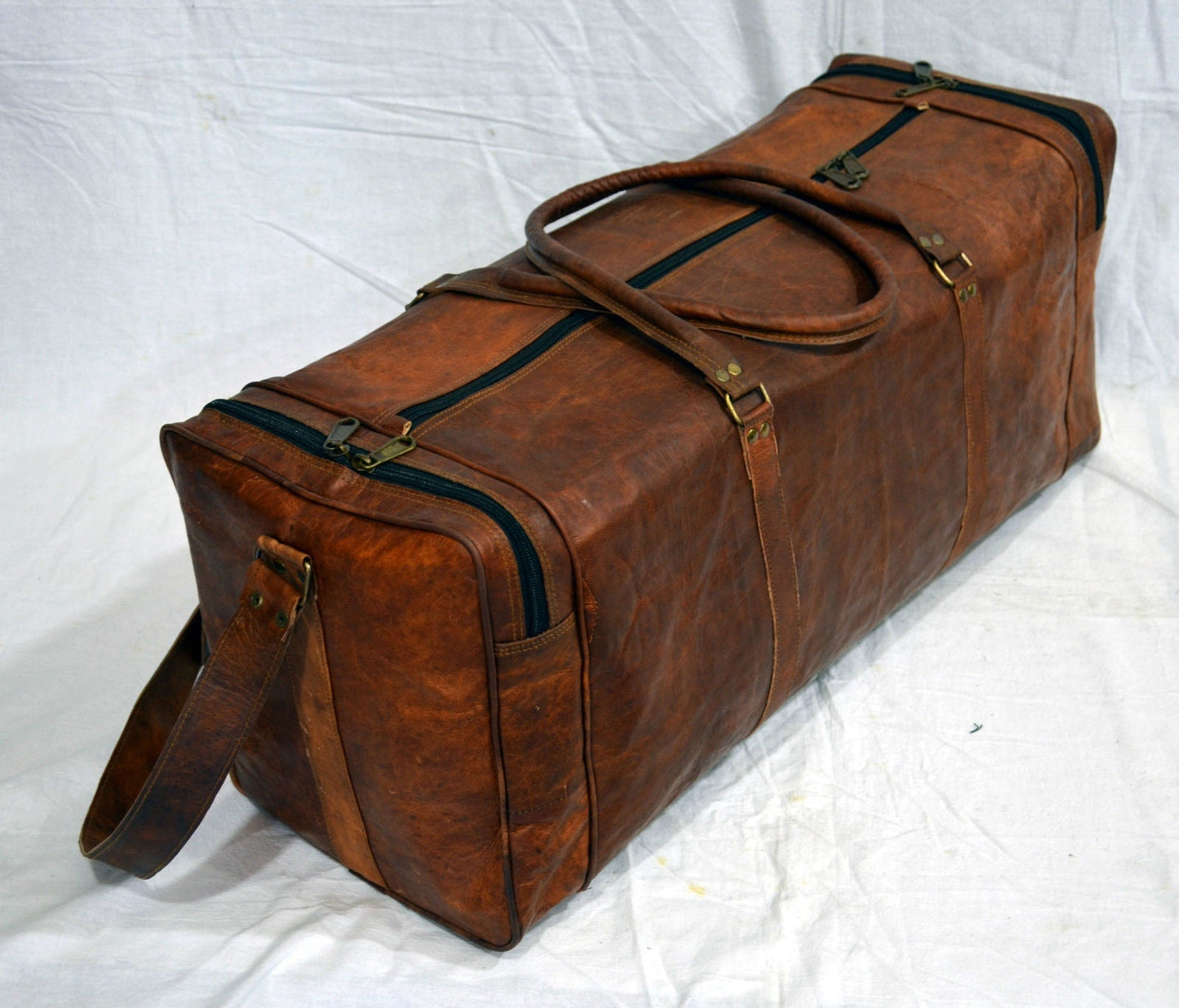 New Men's genuine Brown Leather Retro vintage Large Round duffle travel gym bag