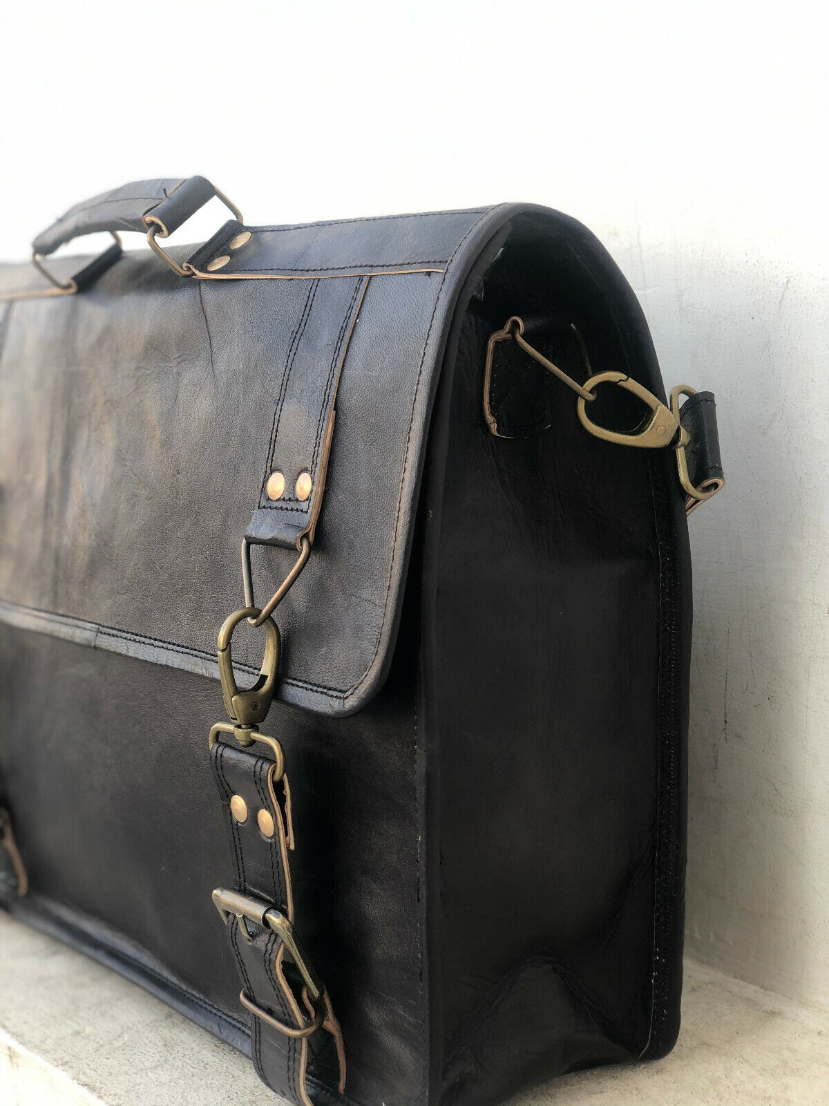 Black Leather Messenger Men Shoulder Laptop Satchel Briefcase Vintage Bag (18")